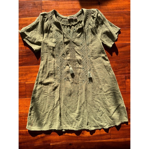 Lucky Brand Tops - Lucky Brand Olive Green Embroidered Cotton Gauze Tassel Boho Dress Small